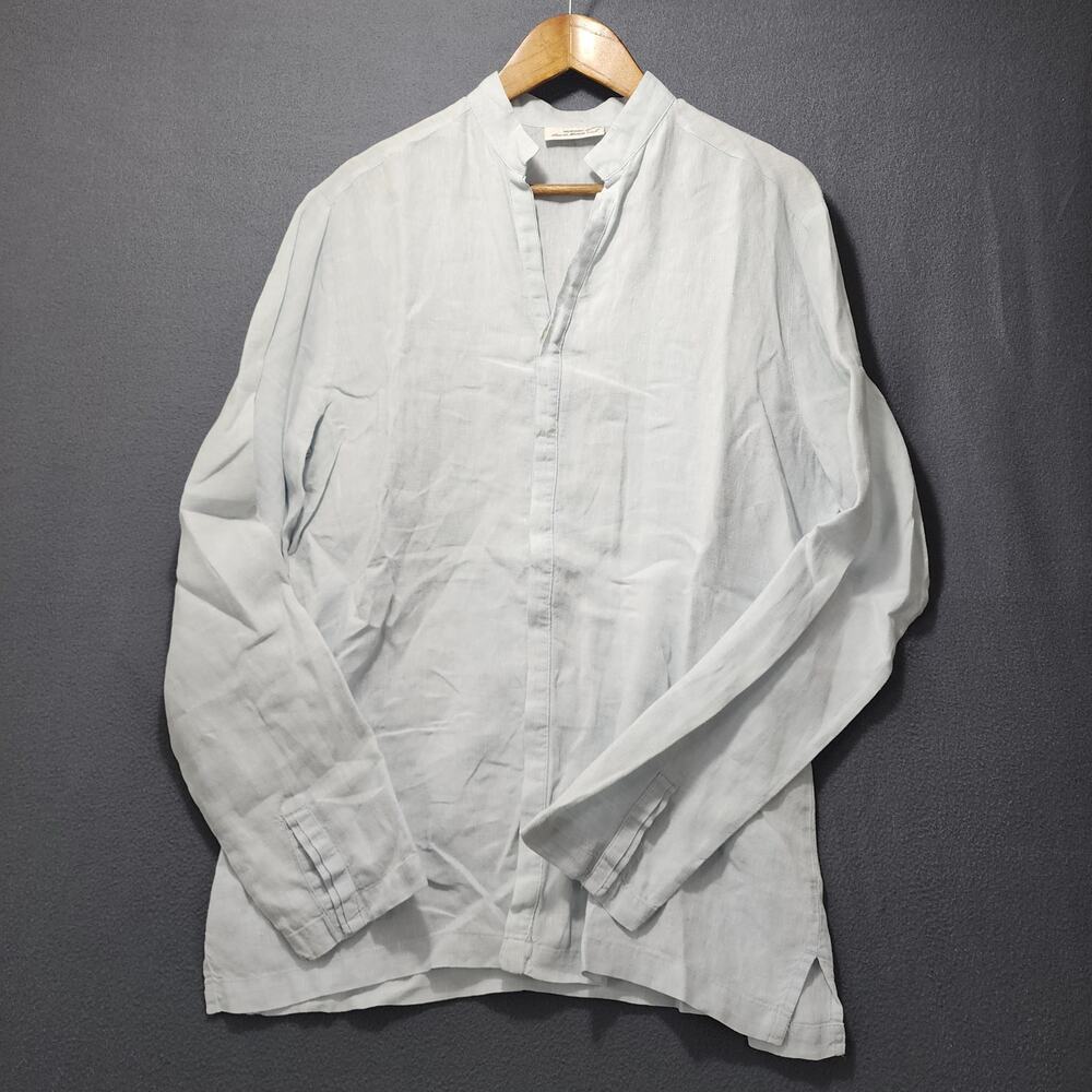 Murano Baird McNutt Linen Womens Top Medium Lt Blue Tunic Long Sleeve Button Up